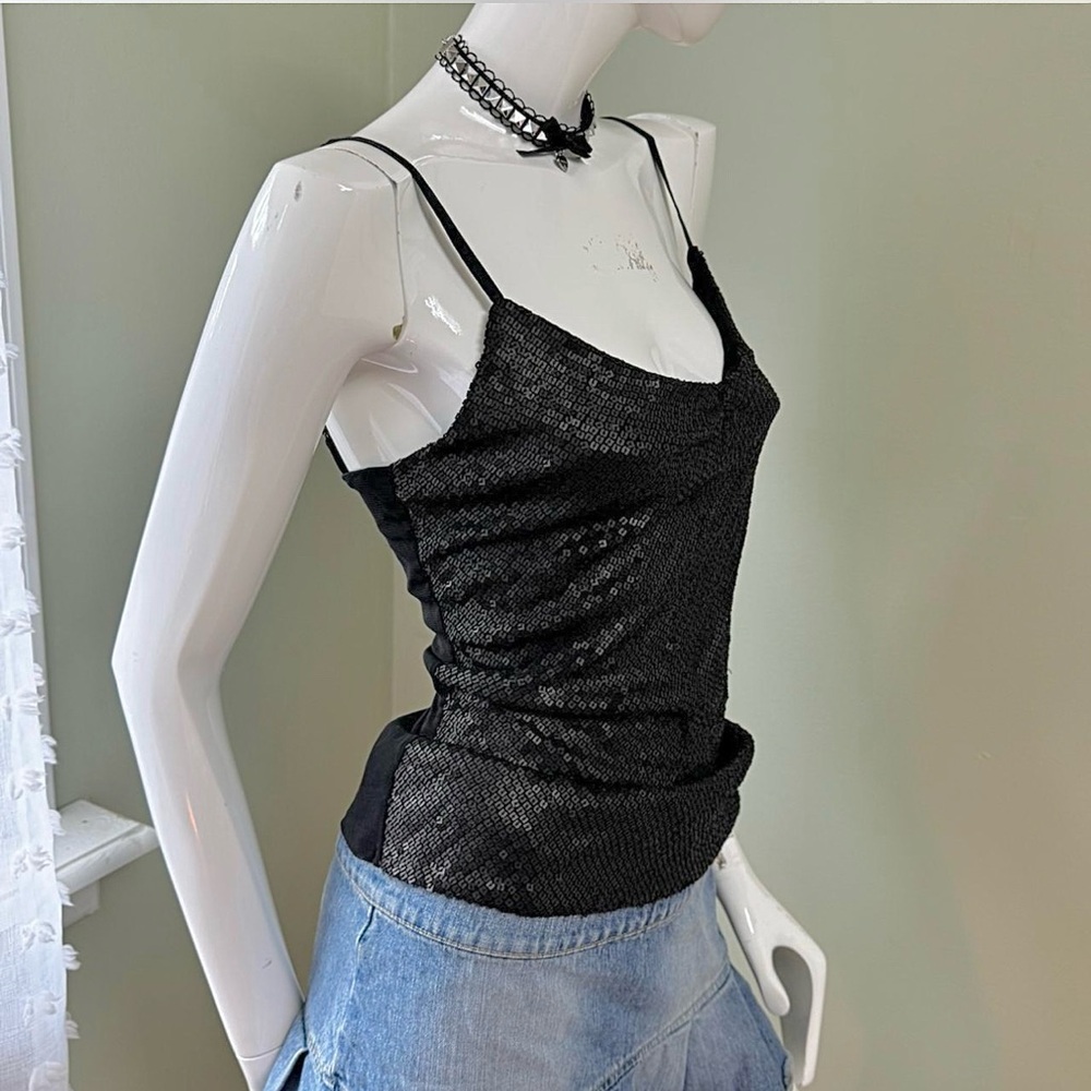 Y2K Black Sequin Mesh Sheer Cami Tank Top – The‎ Limited – Size Medium